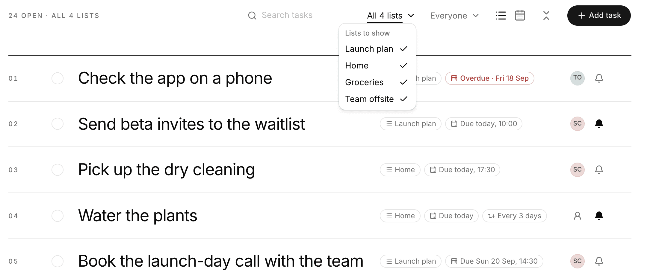 All tasks: 24 open across all 4 lists, with the Lists to show menu open and Launch plan, Home, Groceries and Team offsite all ticked. Each task has a pill naming its list, such as Launch plan or Home, beside its due date.