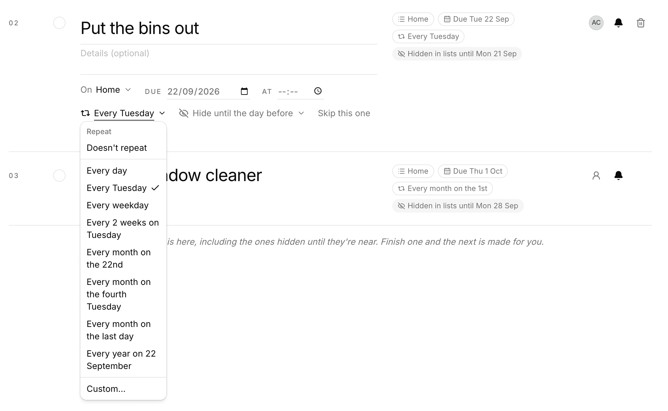 Editing the task Put the bins out: its repeat menu is open, with Doesn't repeat, Every day, Every Tuesday (ticked), Every weekday, Every 2 weeks on Tuesday, three monthly choices, Every year on 22 September and Custom. Beside it are Hide until the day before and Skip this one.