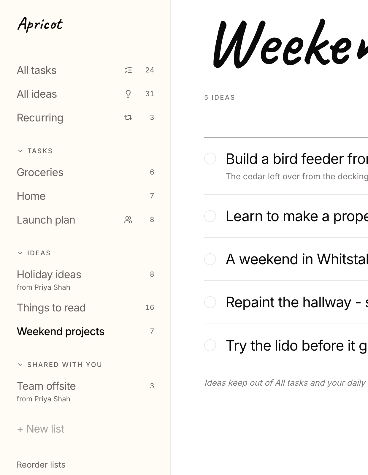 The lists panel: All tasks with 24, All ideas with 31 and Recurring with 3 at the top, then Tasks - Groceries, Home and Launch plan - then Ideas - Holiday ideas from Priya Shah, Things to read, and Weekend projects - then Shared with you, Team offsite from Priya Shah. Each group heading has a chevron to fold it away.