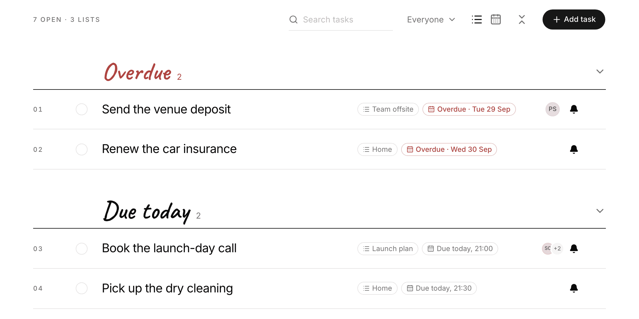 All tasks with 7 open across 3 lists. Under Overdue, in red: Send the venue deposit and Renew the car insurance. Under Due today: Book the launch-day call at 21:00, for three people, and Pick up the dry cleaning at 21:30. Due tomorrow starts below. Each section heading has a chevron on the right.