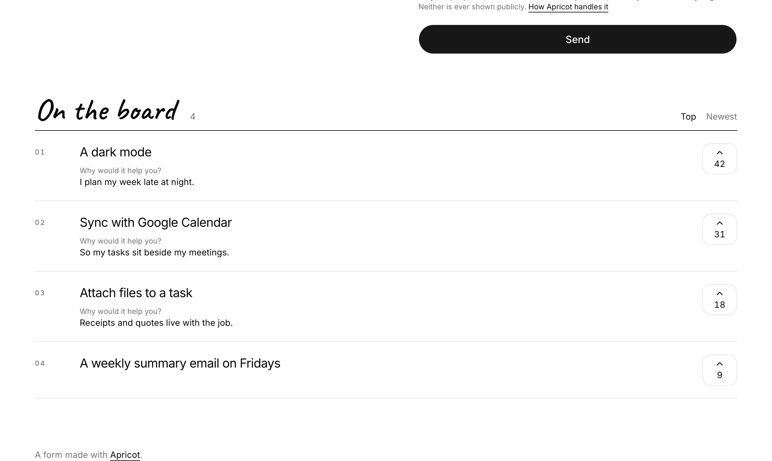 The public page of the Help shape Apricot form, scrolled to On the board: four requests - A dark mode with 42 votes, Sync with Google Calendar with 31, Attach files to a task with 18 and A weekly summary email on Fridays with 9 - each with a vote button.
