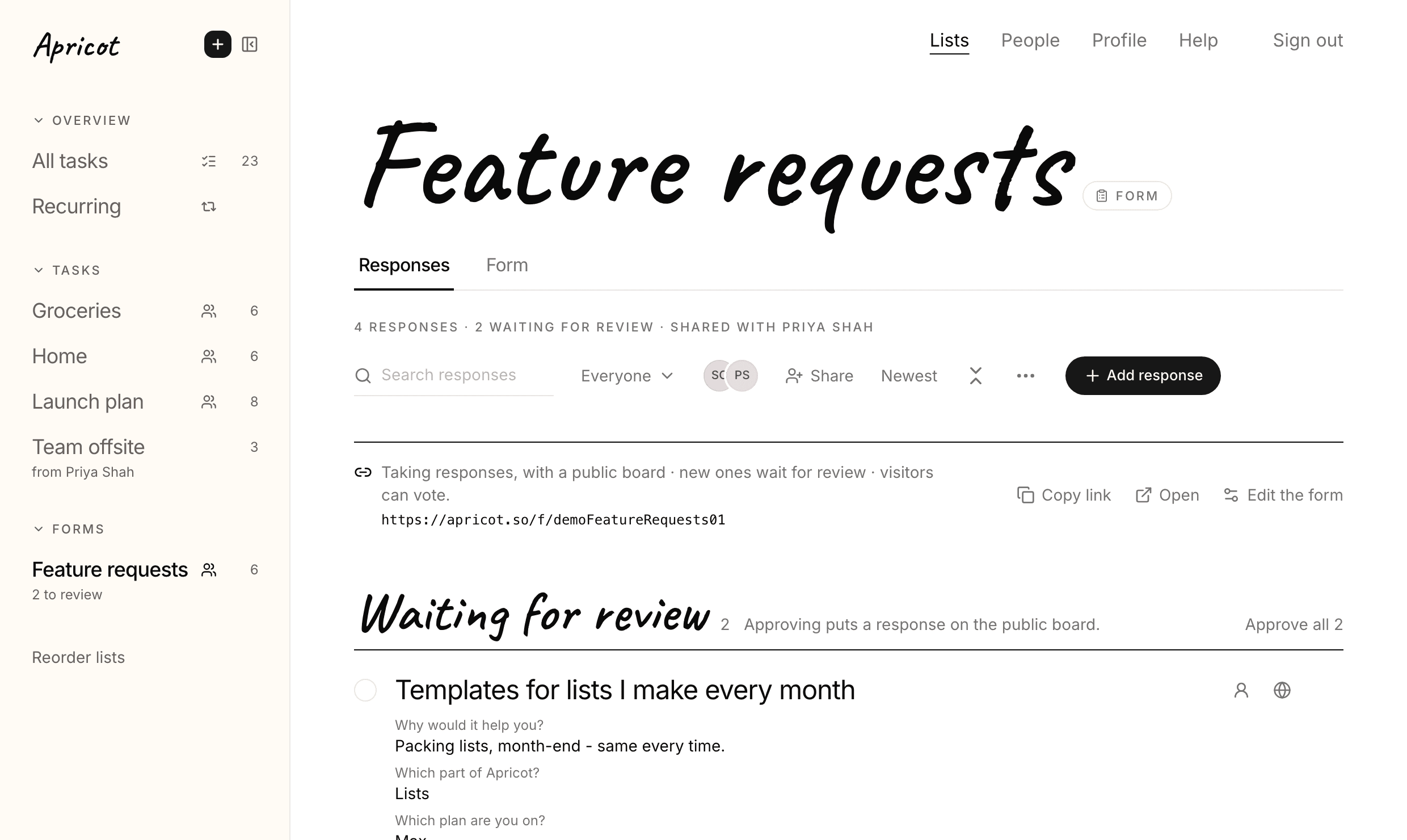 The Feature requests form's Responses tab: its public link, then Waiting for review with 2 responses, the first, Templates for lists I make every month, showing its answers and a globe button.
