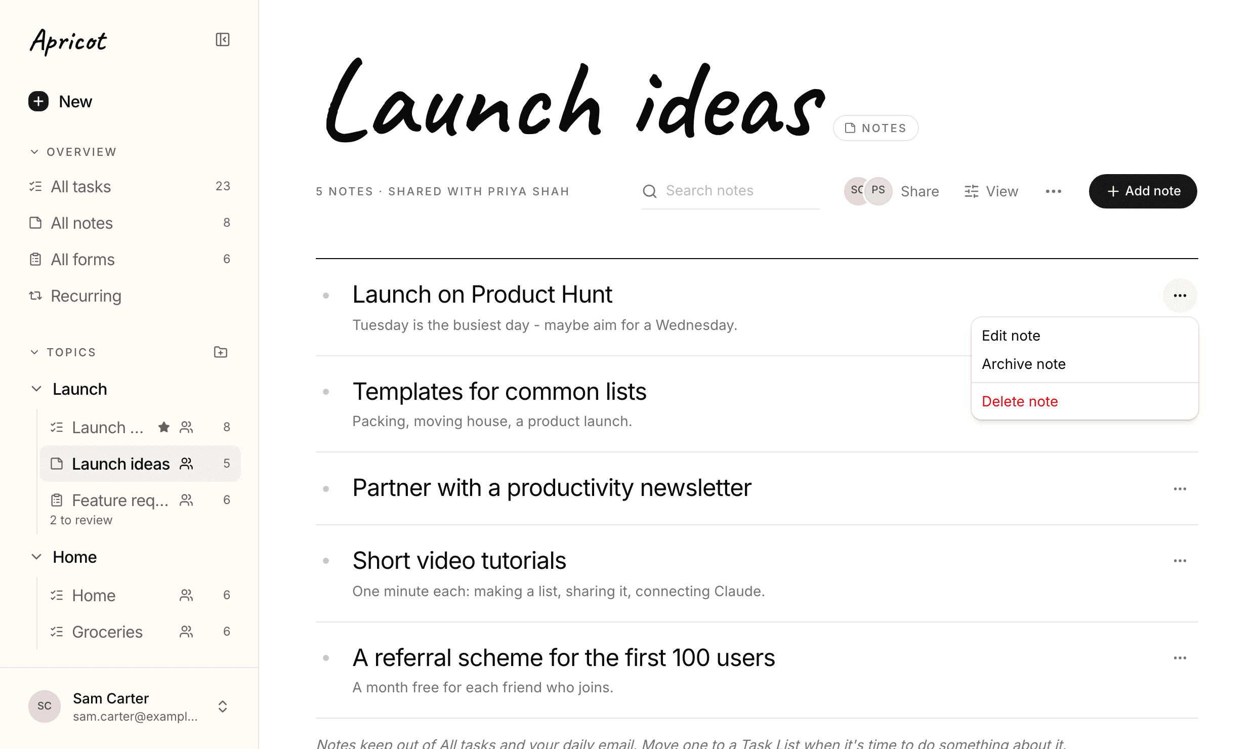The Launch ideas Note List: five notes, each with a small dot where a task has its tick. The first note's menu is open with Edit note, Archive note and Delete note.