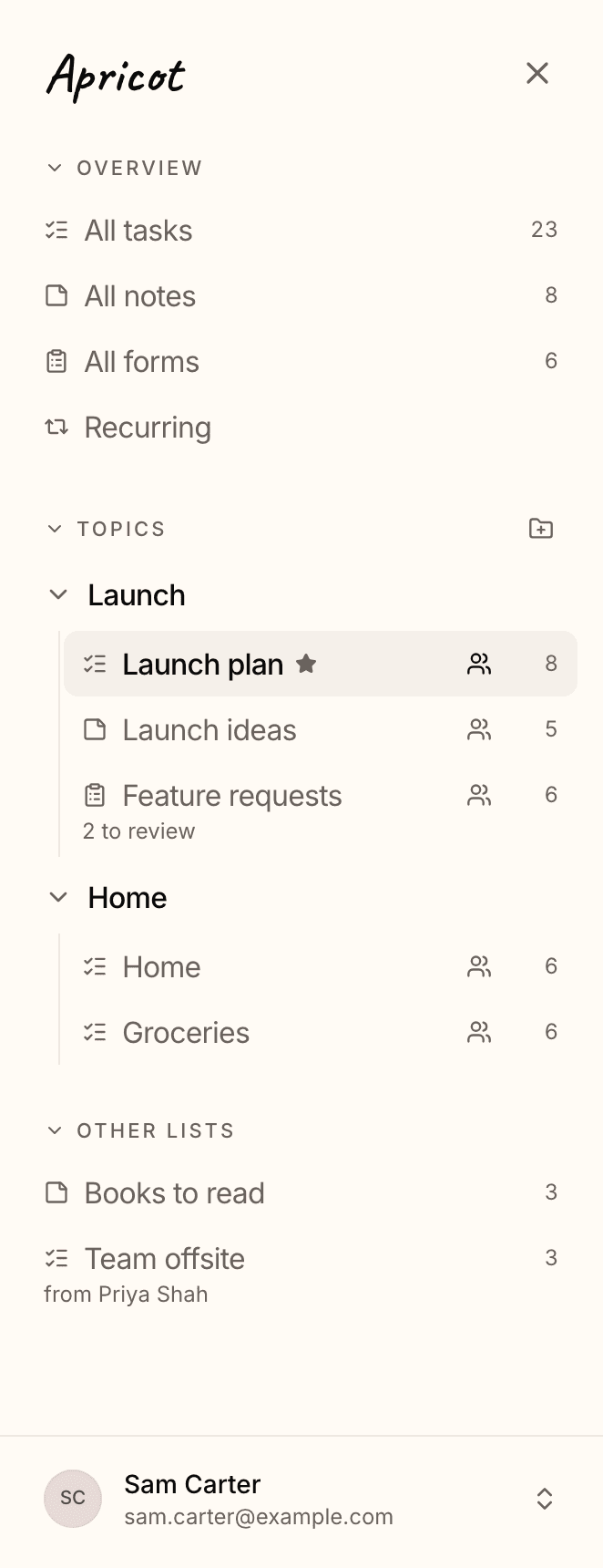 The lists panel on a phone. Under Topics, Launch holds Launch plan, starred as the primary list, Launch ideas and Feature requests, with 2 to review; Home holds Home and Groceries. Under Other lists: Books to read, and Team offsite from Priya Shah. Sam Carter's account menu is at the foot.