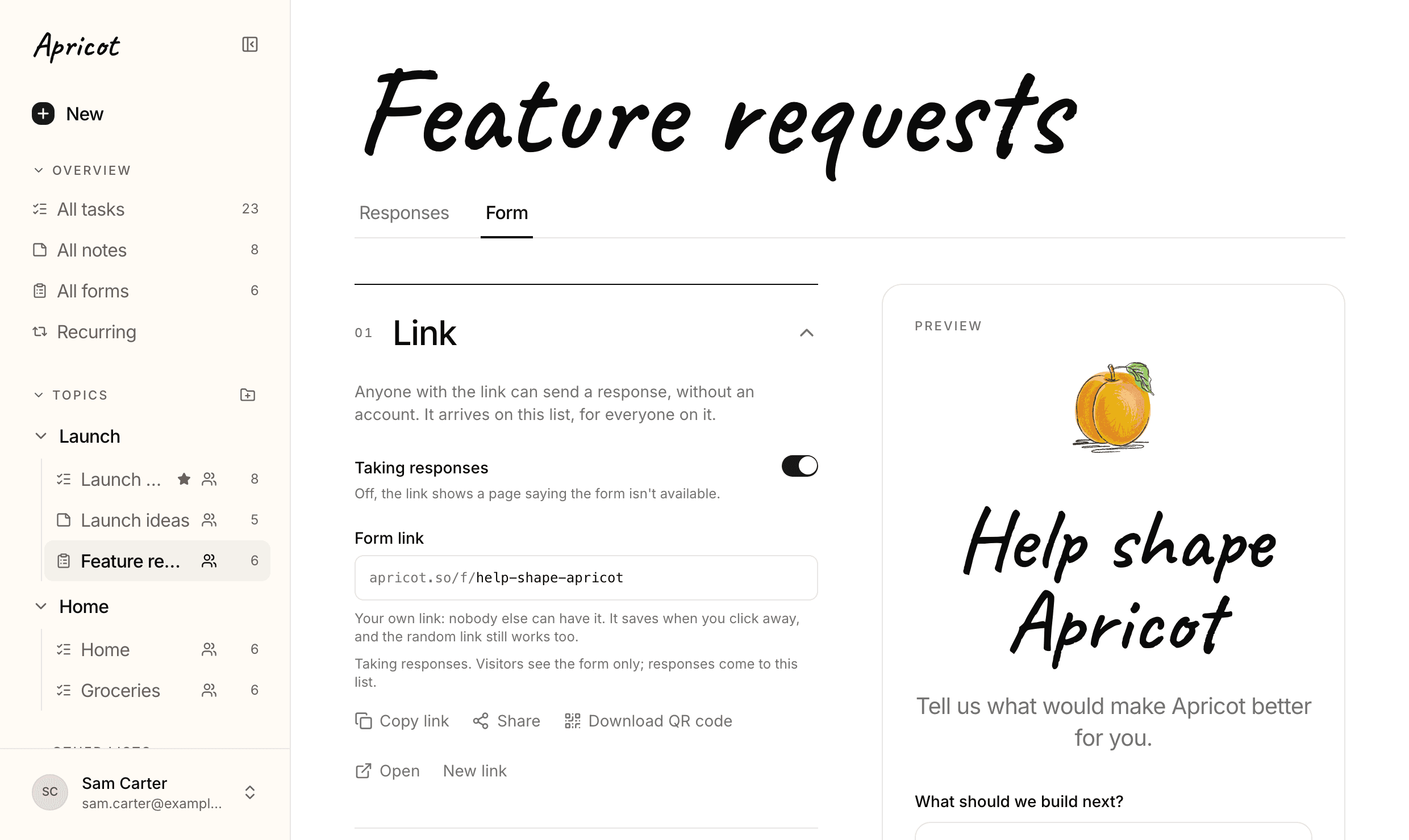 The Form tab of Feature requests. In the Link section the form link reads apricot.so/f/help-shape-apricot, with Copy link, Share, Download QR code, Open and New link beneath it. On the right, the preview shows the apricot logo above the heading Help shape Apricot.