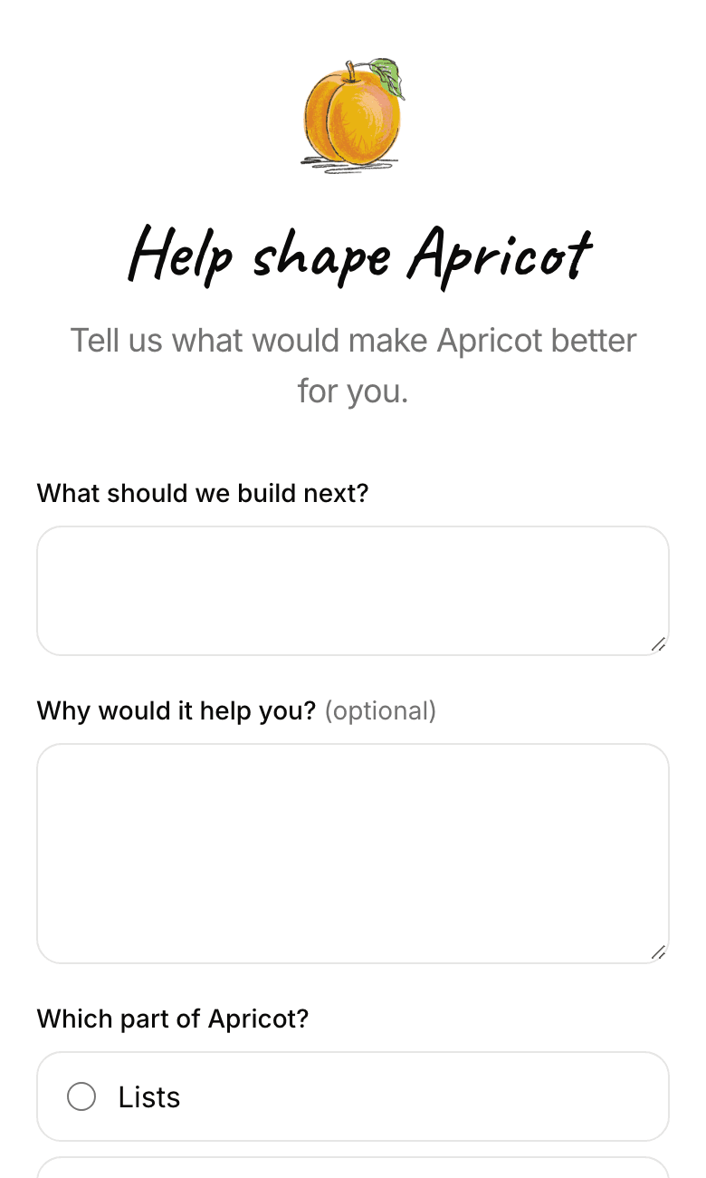 The Help shape Apricot form on a phone: the apricot logo centred at the top, the heading and introduction under it, then the first questions in one column.