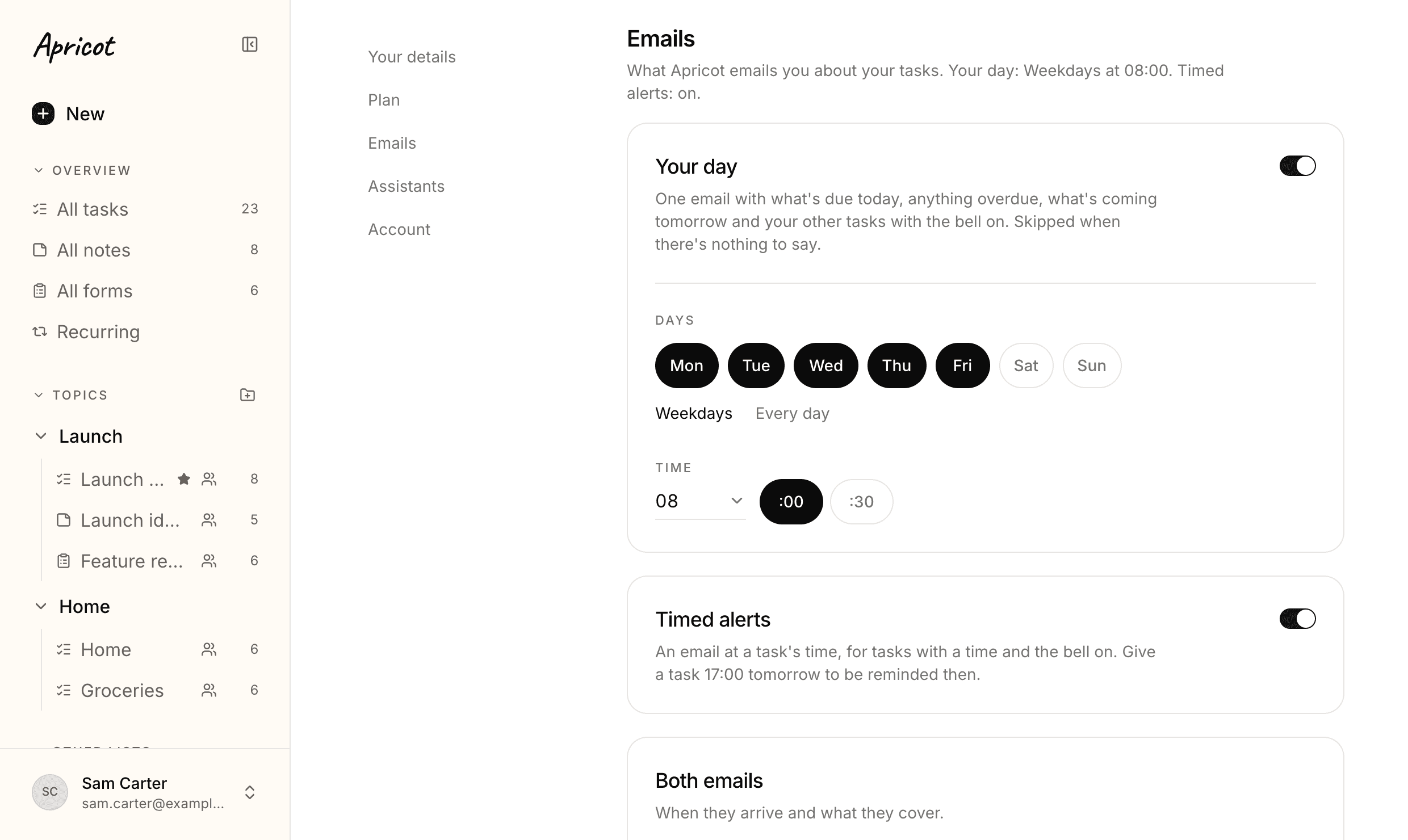 The Emails part of the profile: Your day, switched on for weekdays at 08 with :00 and :30 to choose from, and Timed alerts, switched on, which email you at a task's time.