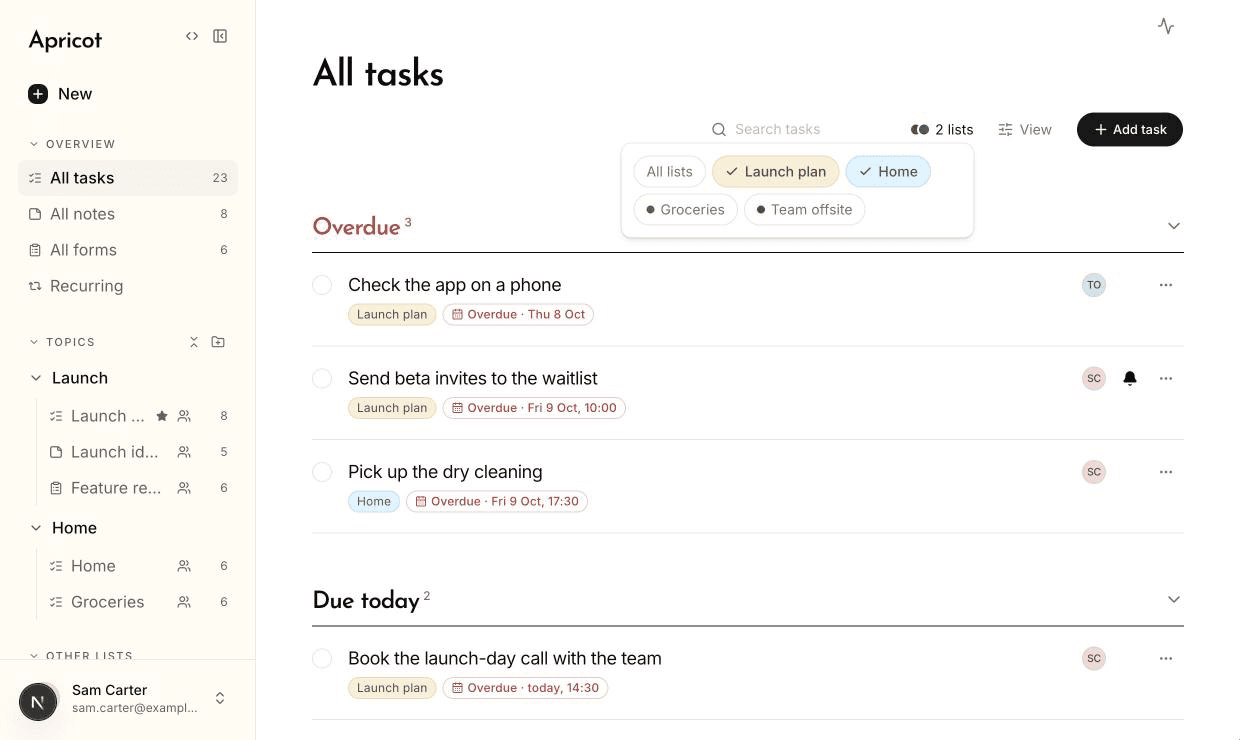 All tasks with the Lists filter open. Launch plan and Home are picked, filled in their own colours with a tick; Groceries and Team offsite are outlined. The button reads 2 lists, and only Launch plan and Home tasks show.
