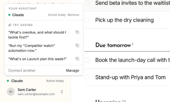 The assistant status at the foot of the panel, open. Your assistant: Claude, active today, with Remove. Try asking: What's overdue, and what should I tackle first? Run my Competitor watch automation now. What's on Launch plan this week? Then Connect another and Manage.